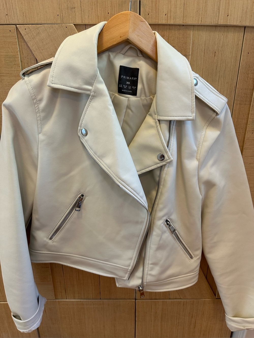 Primark Cream Faux Leather Cropped Biker Jacket size XS